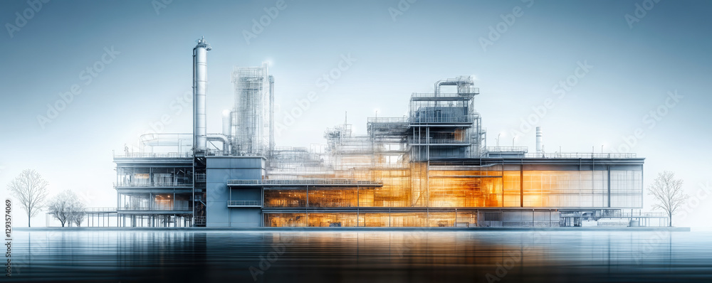 Poster industrial facility concept with transparent structure and energy flow visualization in a futuristic