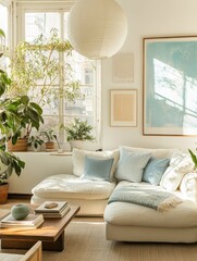 A cozy modern living room with plants and a round lamp