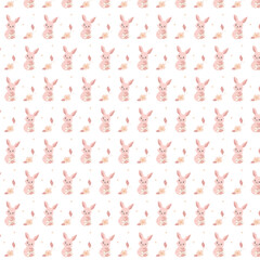 A cute seamless pattern with pink Easter bunnies, flowers, and delicate decorative elements. Perfect for textiles, packaging, greeting cards, baby products, and festive decor.