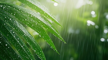 Tropical jungle scene with heavy rain pouring through dense foliage, leaves shimmering with water droplets under natural light,
