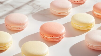 Assorted Colors of Delicious Macarons Arranged on a Light Marble Surface with Soft Shadows Highlighting Their Unique Shapes and Textures