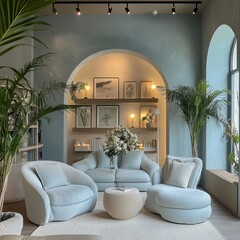 A beautifully decorated living room interior showcases the soft colors
