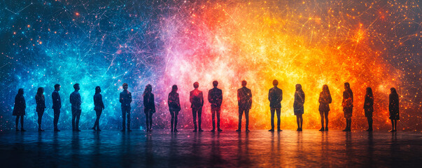 Silhouettes of People Against a Dynamic Galaxy Background Representing Teamwork, Connectivity, and Technological Synergy