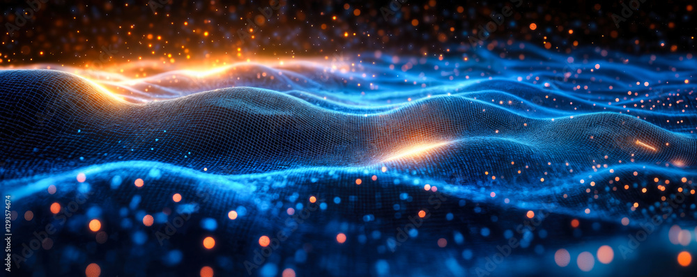 Poster dynamic visualization of complex data with blue wireframe mesh on dark background featuring 3d illum