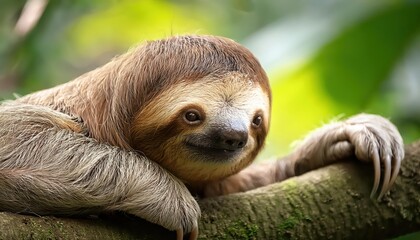 Naklejka premium Adorable Sloth Hanging on Rainforest Tree Branch, Cute Face with Expressive Eyes, Majestic Wild Animal Portrait in Lush Green Environment at Twilight