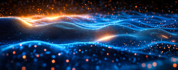 Obraz premium Dynamic Visualization of Complex Data with Blue Wireframe Mesh on Dark Background Featuring 3D Illumination and Glowing Dots