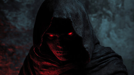 Dark hooded figure with glowing red eyes mysterious horror image art evil fear scary demon devil