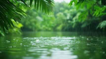 Fototapeta premium Jungle river surrounded by lush tropical plants during a downpour, water rippling under the rain and vibrant greenery in the background,