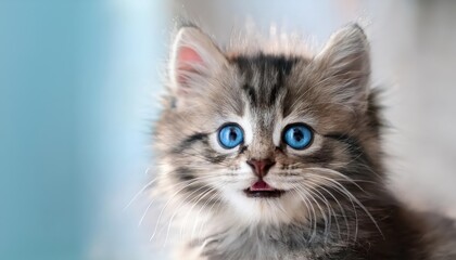 Playful Gray Tabby Kitten with Vibrant Blue Eyes, a Cozy Indoor Portrait Showcasing Soft Fur Textures and Joyful Expression, Perfect for Digital Art, Home Decor, or Design Inspiration.