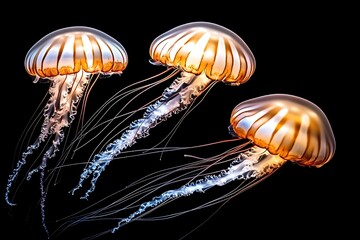 Obraz premium Golden jellyfish trio, aquarium, dark