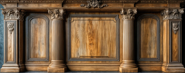 Elegant luxury wood paneling wall with ornate columns and intricate carvings in classical architectural style background texture