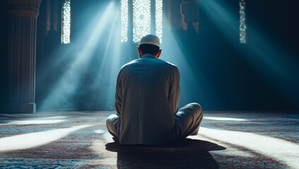 Young Muslim man in a gray suit and white cap praying on the carpet of an ancient mosque, spiritual Islamic worship scene with motion blur background