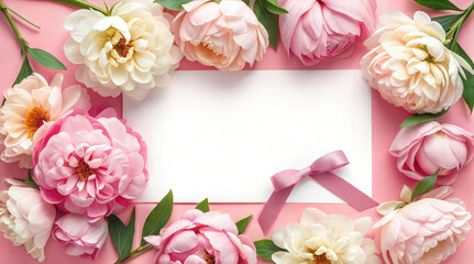Delicate pink and white flowers beautifully framing a blank card, which is perfect for greetings or special invitations. Greeting card mockup.