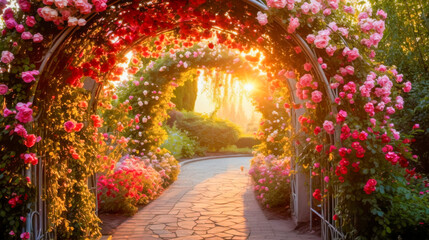 Fototapeta premium Archway adorned with blooming roses leading towards a sunlit garden pathway filled with vibrant flowers