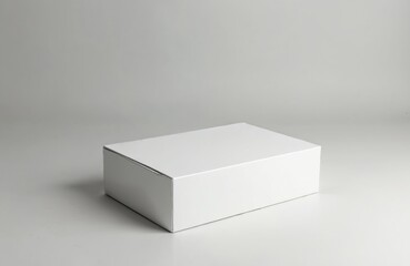 Minimalistic shot of clean white box mockup on plain white surface. Blank cardboard container for product placement, delivery service storage. Modern design for presentations web shop advertisement.