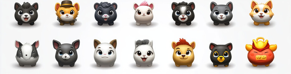 Fototapeta premium Cute cartoon animal characters in various colors and expressions, featuring variety of species like cats, dogs, and rodents, all set against white background