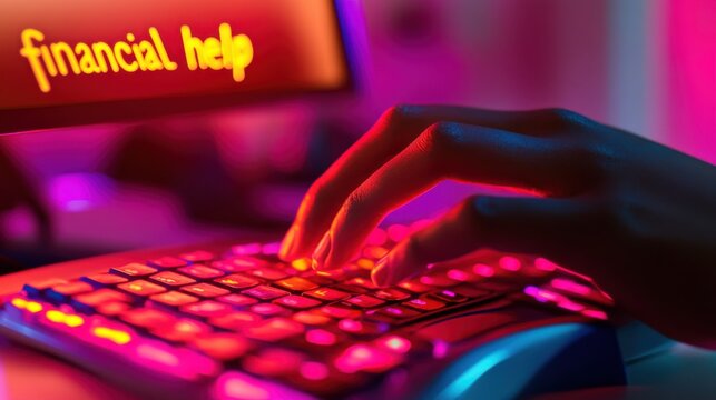 Close-Up of a Human Hand Typing on a Computer Keyboard with Financial Help Text Illuminated on the Screen in a Colorful Ambient Light Setting
