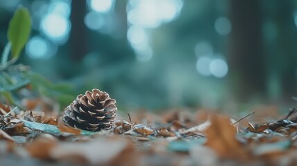 Close-up of a pinecone lying on the forest floor, earthy and serene natural composition with soft natural tones