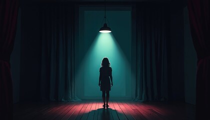 Silhouette of woman standing on stage in dark room with spotlight. Rear view of girl illuminated by lamp in empty theatre with curtains. Abstract concept, performing arts, show business.