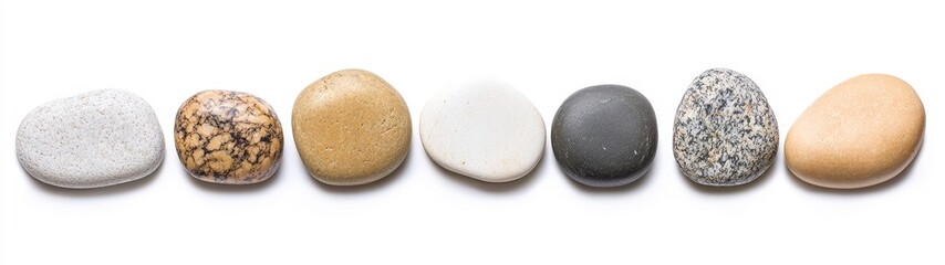 Fototapeta premium Smooth Pebbles in Various Textures and Colors on a White Background