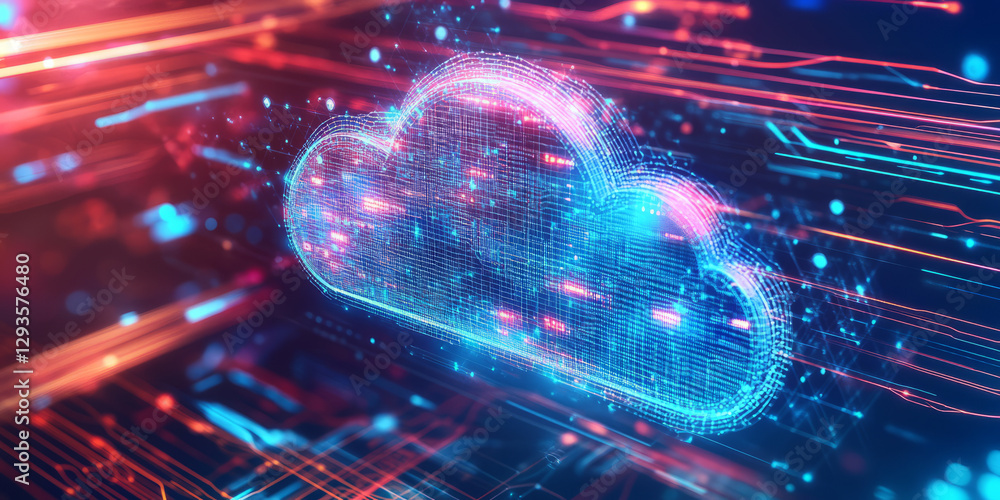 Poster a glowing futuristic deep learning data cloud, surrounded by swirling cybernetic energy trails, puls