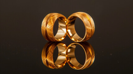 "Two Intertwined Golden Wedding Rings Elegantly Placed on a Reflective Surface &ndash; Symbolizing Eternal Love, Commitment, and a Lifelong Bond of Marriage"

