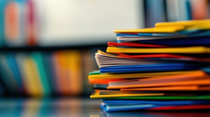 Colorful Pile of Office Files and Documents on a Desk in a Bright Workspace Environment with Blurred Background of Office Supplies and Organizers