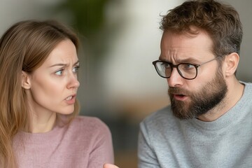 Fototapeta premium Couple arguing in a dimly lit room, one partner animated with expressive hands while the other looks emotionally drained