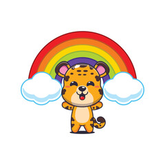 Leopard cartoon vector illustration with rainbow