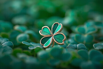 A rare four-leaf clover stands out in a lush meadow of green clovers, making it a perfect charm for St. Patrick's Day or a unique symbol of luck and fortune.