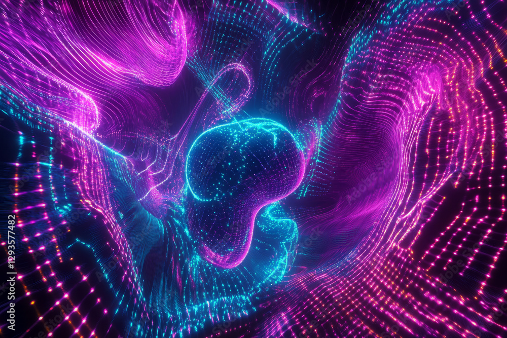 Poster a mesmerizing quantum data stream, flowing through a high-tech digital grid filled with glowing neon