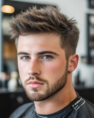Ein junger Mann zeigt stolz seine trendige Kurzhaarfrisur. Das Styling betont sein markantes Gesicht.