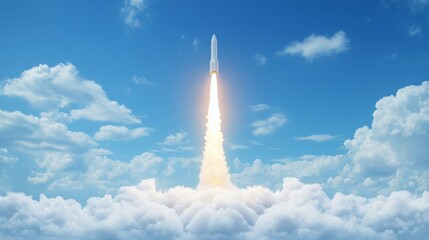 Launch of a Powerful Rocket Ascending Through Bright Clouds in a Clear Blue Sky