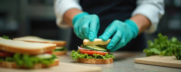 Close-up of food handler preparing sandwich with safety gloves, mask. Focus on infection control in food service industry during outbreak. Proper protective measures, hygiene, sanitation, workplace