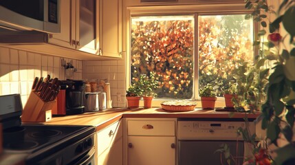 Cozy Kitchen Scene with Autumn View through Window, featuring Potted Plants, Delicious Pie, and Sunlit Atmosphere Enhancing Culinary Vibe