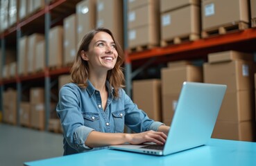 Young woman works with laptop in warehouse. Happy businesswoman oversees inventory, manages online orders, optimizes distribution processes. Female employee uses computer at workplace, looks happy,