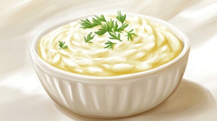 Creamy Mashed Potatoes Served in a White Bowl Garnished with Fresh Herbs, Perfect for Comfort Food and Culinary Inspirations in Home Cooking Photography