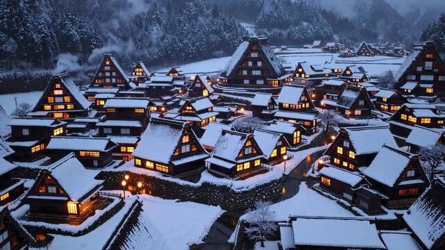 Aerial View of Shirakawa-go in Winter: A Traditional Japanese Snow-Covered Village