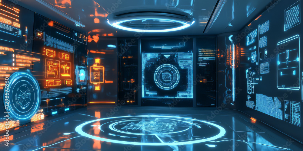 Poster a mesmerizing futuristic visualization of an ai-driven smart home interface, featuring glowing cyber