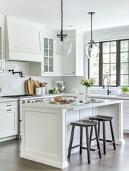 Fototapeta premium A Bright White Kitchen with Island Countertop and Stools