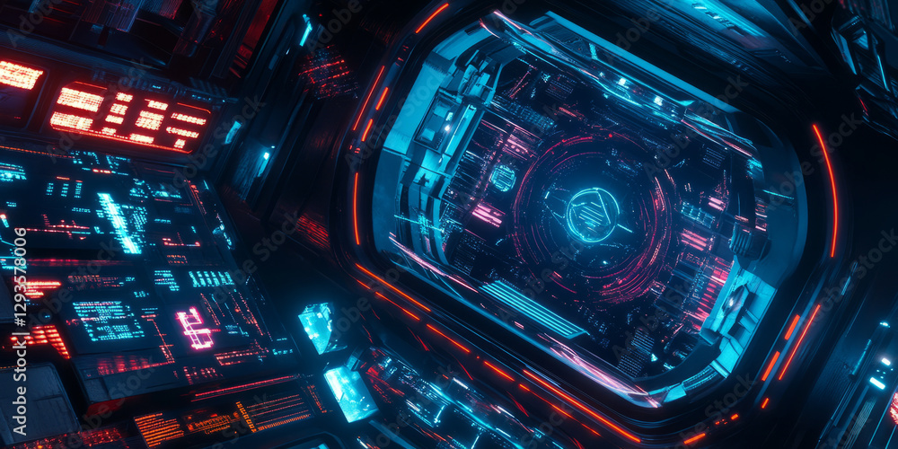 Poster a glowing futuristic ai-powered space station, displaying cybernetic holographic astronaut interface