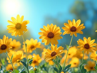 Obraz premium Yellow daisy flowers blooming under a clear blue sky, reflecting vibrant golden sunlight