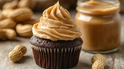 Delicious chocolate cupcake topped with creamy peanut butter frosting alongside whole peanuts and a jar of smooth peanut butter, perfect for dessert lovers