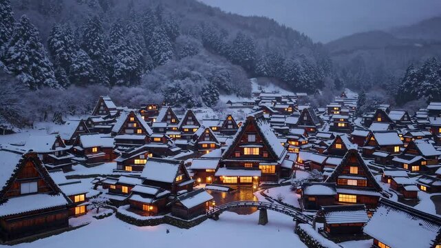Aerial View of Shirakawa-go in Winter: A Traditional Japanese Snow-Covered Village