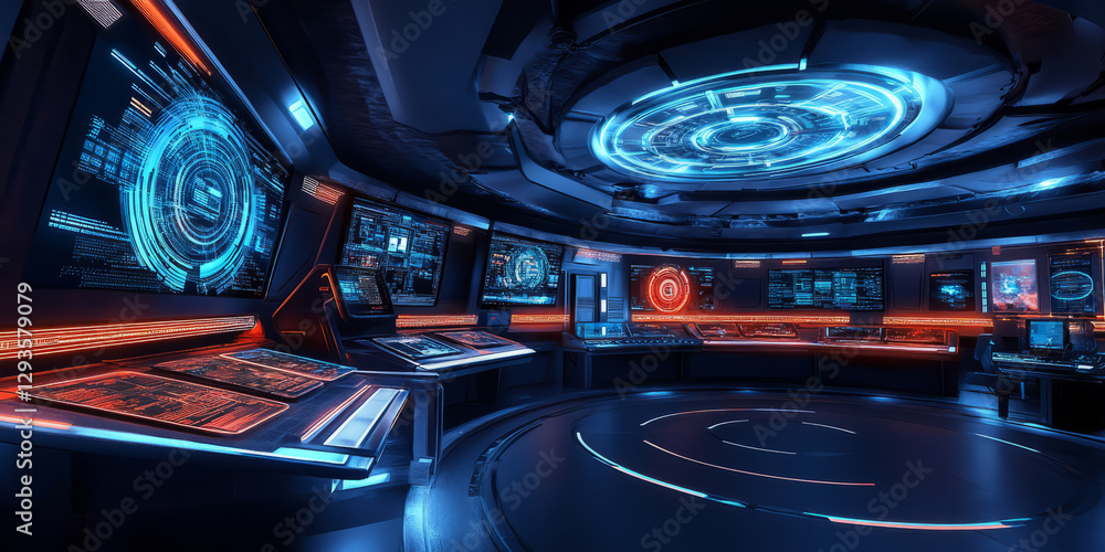 Poster a mesmerizing futuristic ai-driven cybersecurity operation center, displaying glowing cybernetic dat