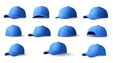 Blue baseball cap, illustration with white background. set of blue baseball caps in different angles and styles. Blue hat template for design