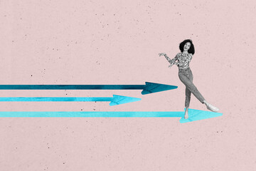 Composite image sketch photo collage of happy businesswoman arrow development pointer statistics...