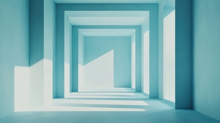 Light-filled, pale blue corridor; architectural perspective; empty space; digital render; for product presentation