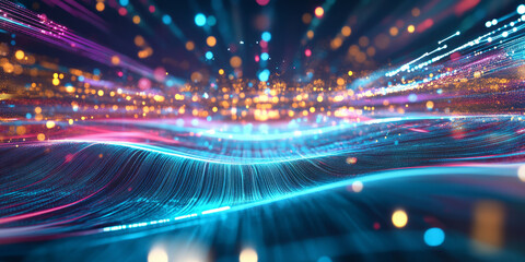 Naklejka premium A sleek and dynamic abstract background with glowing neon waves, seamlessly rippling across a cybernetic holographic expanse. The high-tech fluid energy and softly pulsing light effects create an