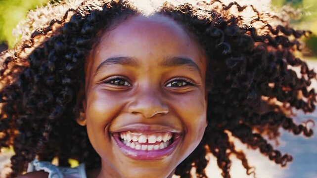 Cheerful african american girl beaming, displaying six authentic smiles, curly hair framing radiant face against soft natural background, expressing pure childhood happiness